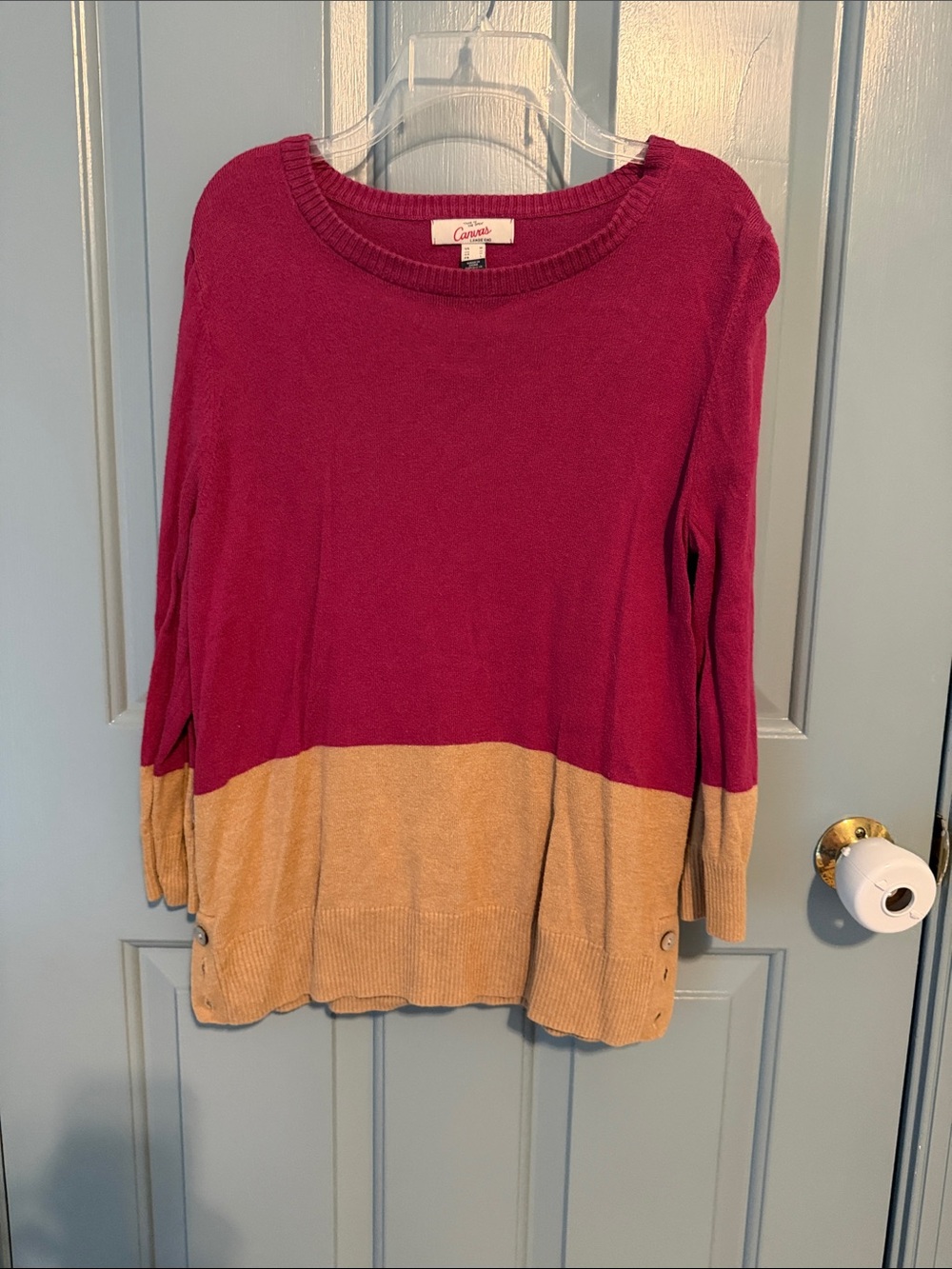 Lands' End Two-Tone Crewneck Sweater in Berry and Camel